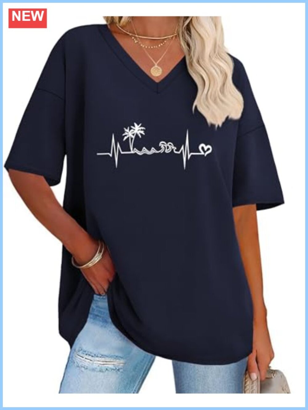 Women's Oversized V-Neck Graphic T-Shirt - Short Sleeve Loose Summer Tee Lounge